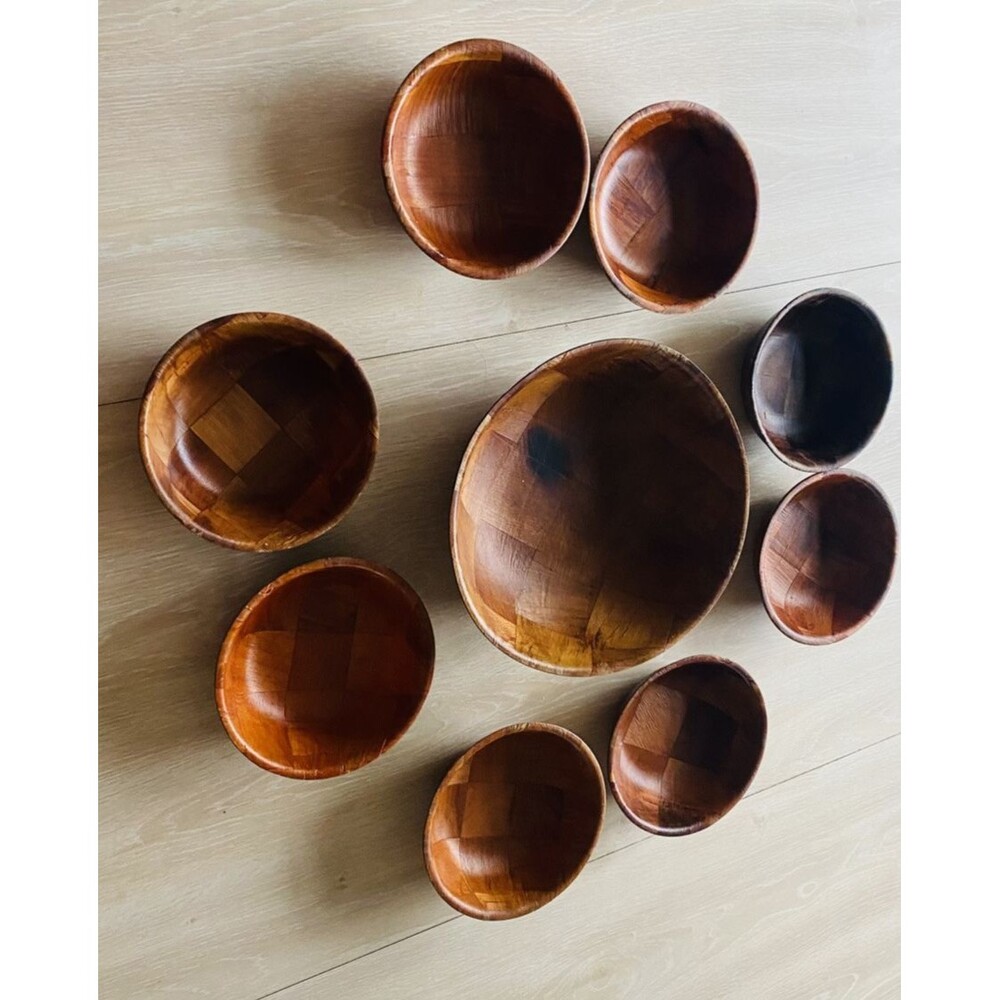 7 pc set Vintage Parquet Woven Wooden 10" Salad Bowl w  6  Serving Bowls 6"